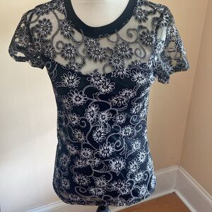 NY COLLECTION Black & White Short Sleeve Top Size Petite Medium